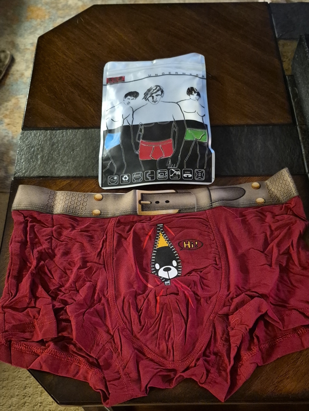 Men's Red Boxer Briefs with Novelty Bear Patch and Faux Belt Waistband